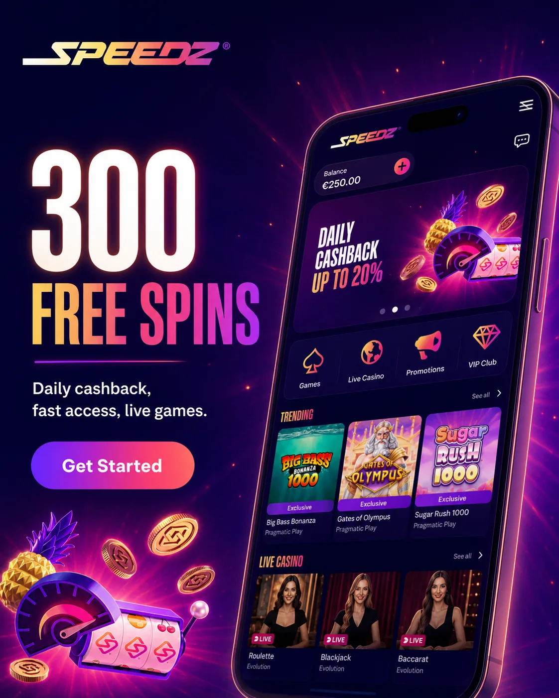 Speedz Casino NZ mobile screen with 300 Free Spins promotion and game lobby