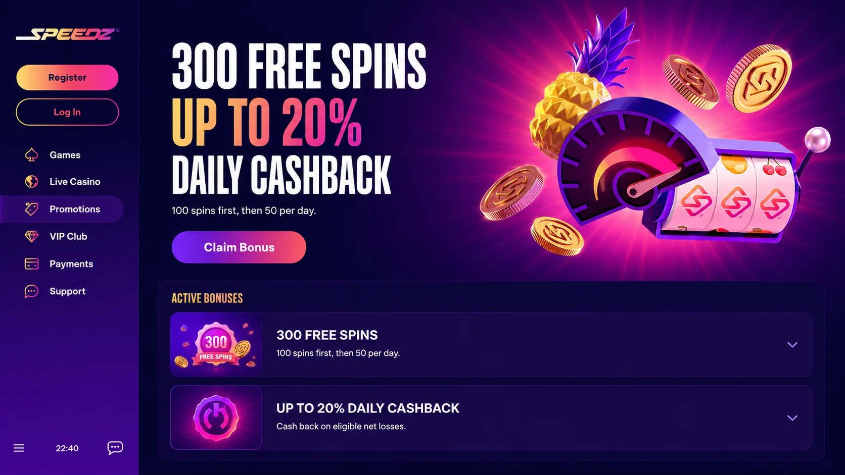 Speedz Casino New Zealand welcome bonus and daily cashback overview