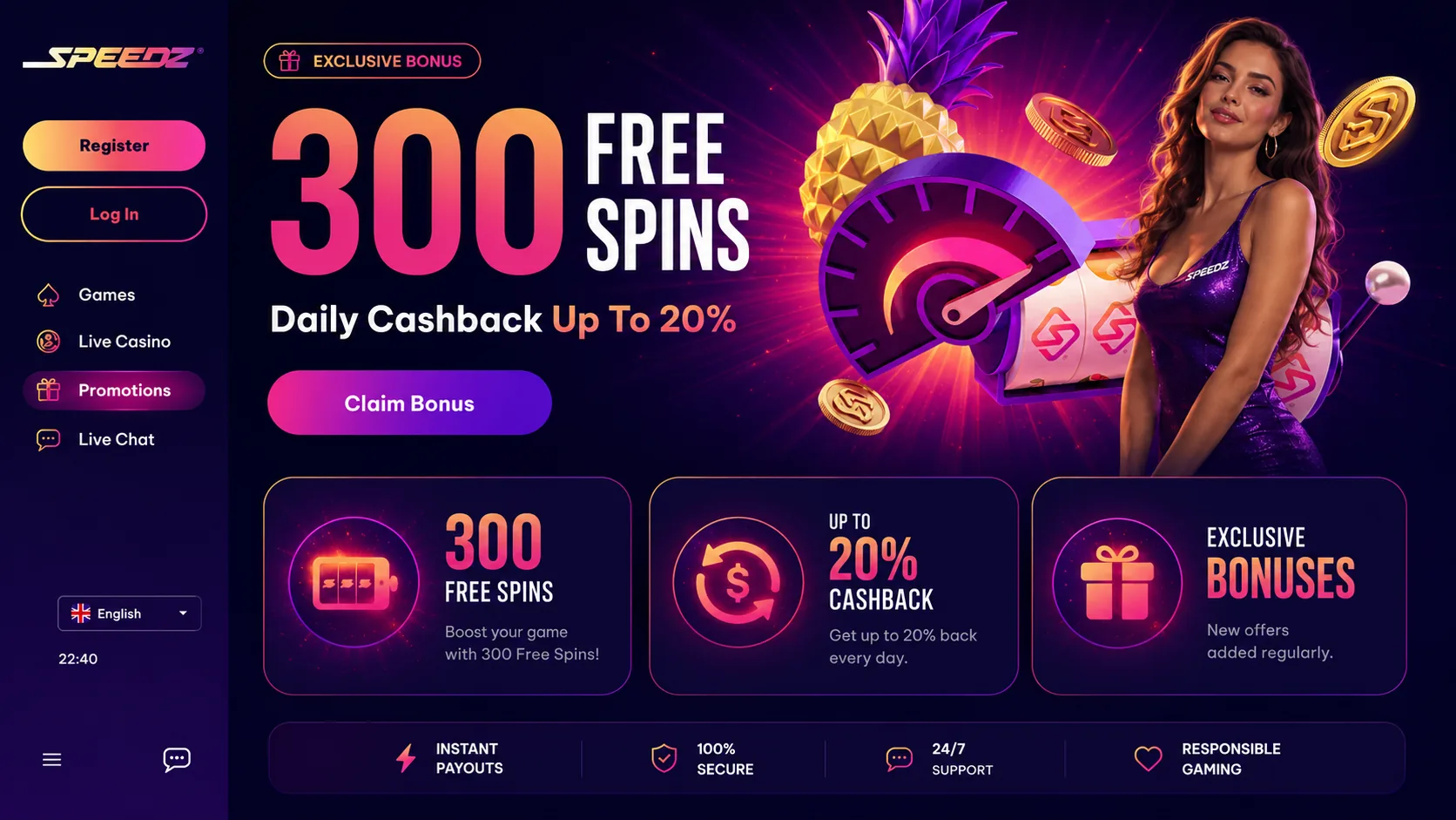 Speedz Casino Canada 300 Free Spins and daily cashback bonus screen