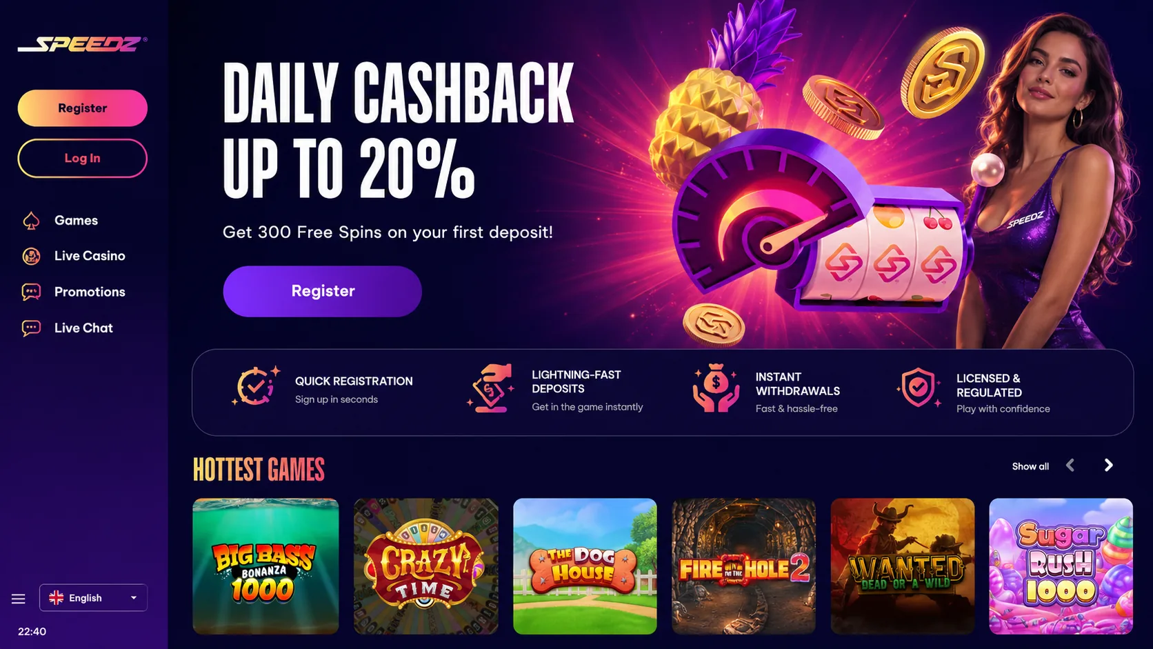 Speedz Casino daily cashback screen with bonus slots and promotion details