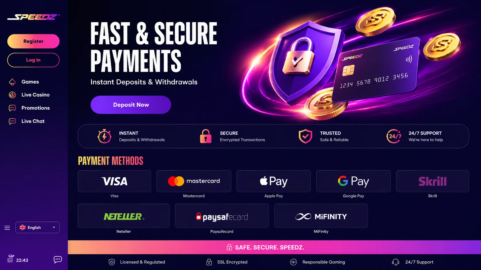 Speedz Casino fast and secure payments screen with cards and wallets