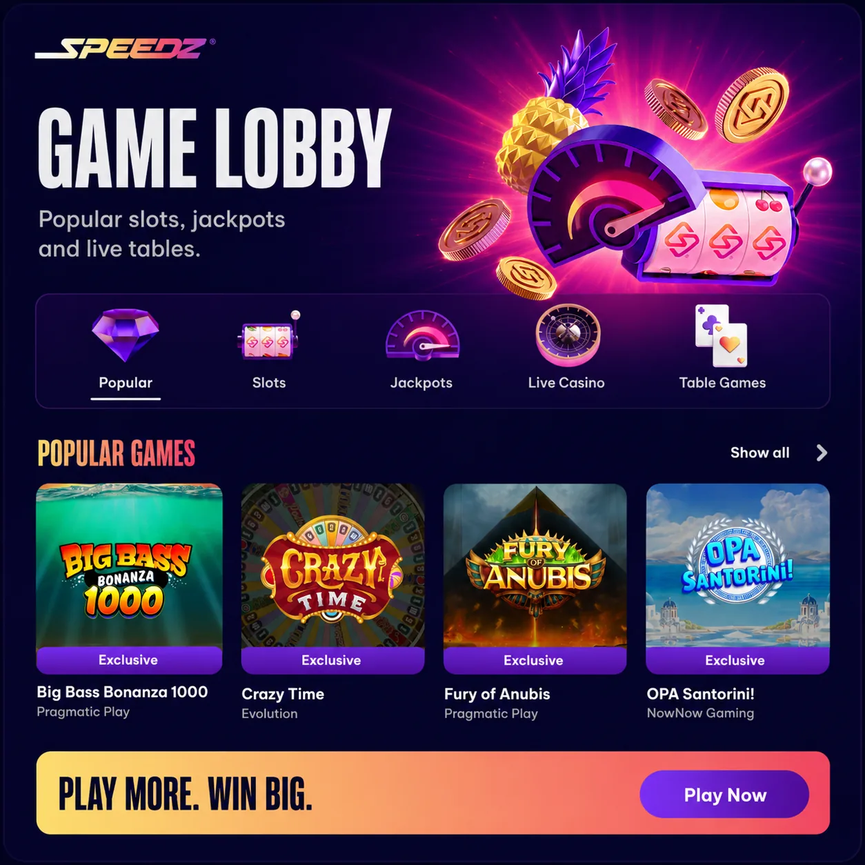 Speedz Casino game lobby with slots, live casino and jackpot categories