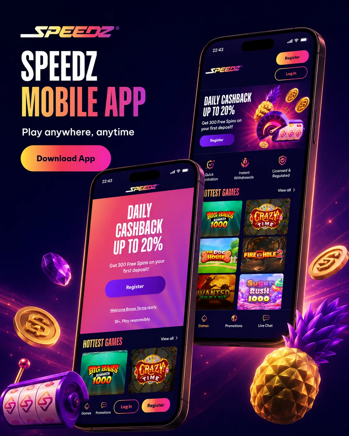 Speedz Casino mobile app style browser screen with bonus and lobby panels
