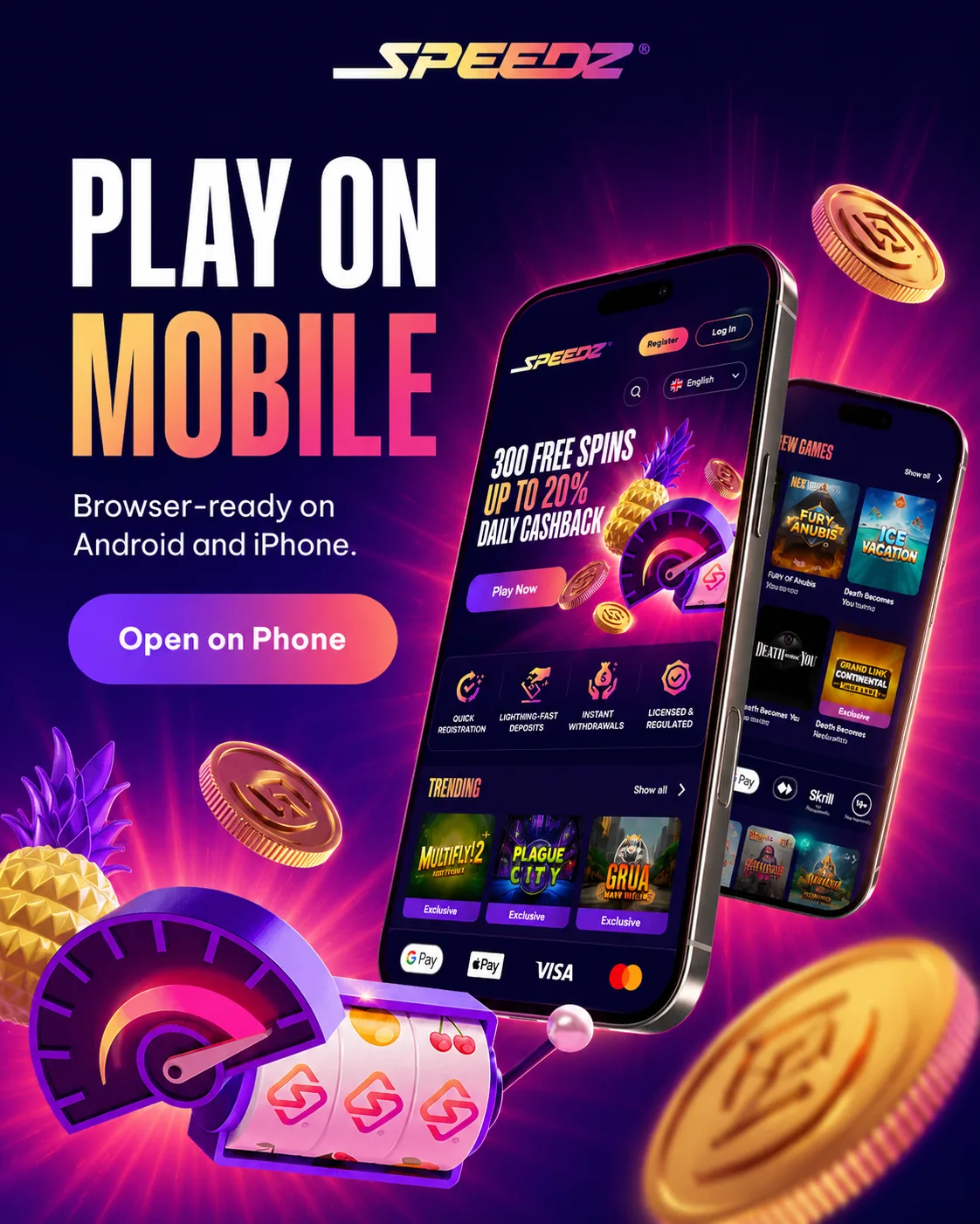 Speedz Casino mobile play screen for Android and iPhone browser sessions