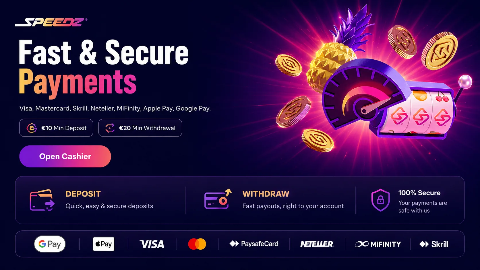Speedz Casino cashier banner with deposit and withdrawal methods