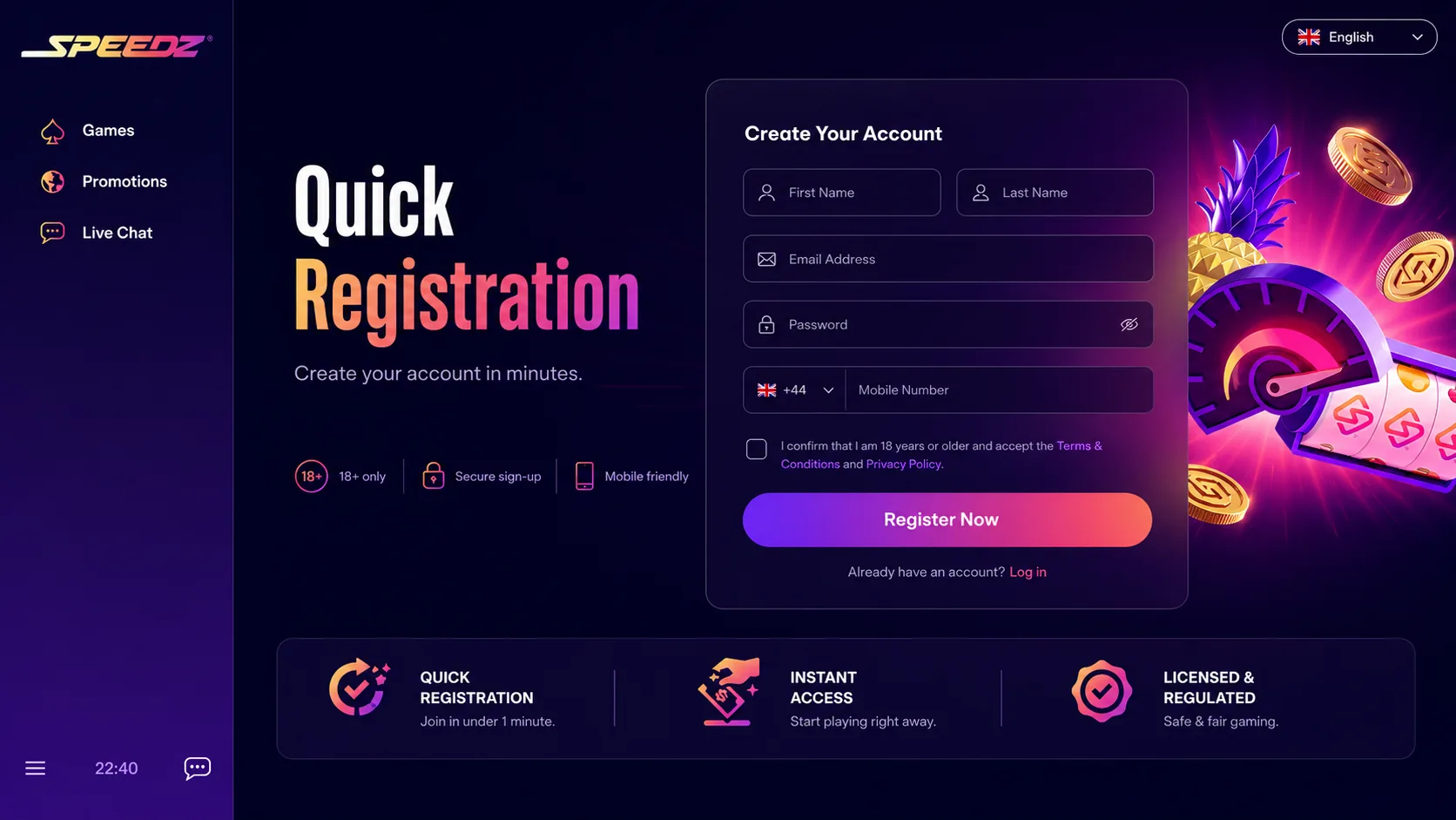 Speedz Casino quick registration form with account details and security checks