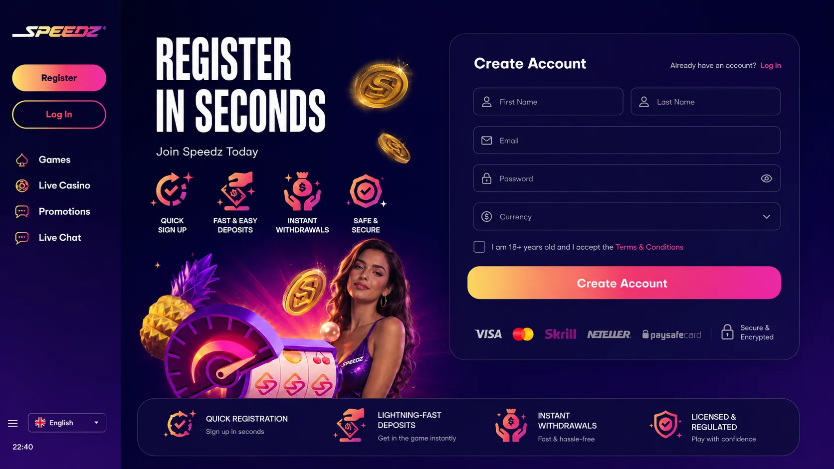 Speedz Casino Canada registration form and account setup screen