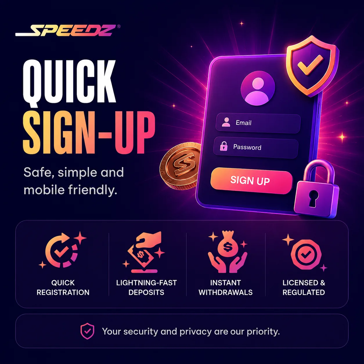 Speedz Casino quick sign-up and account security visual